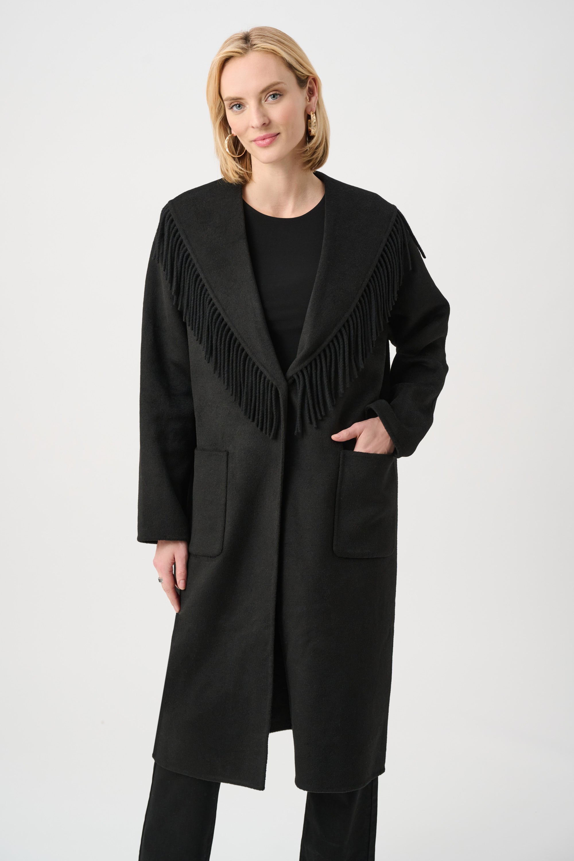 263912 11 joseph ribkoff black coat with fringe detailing