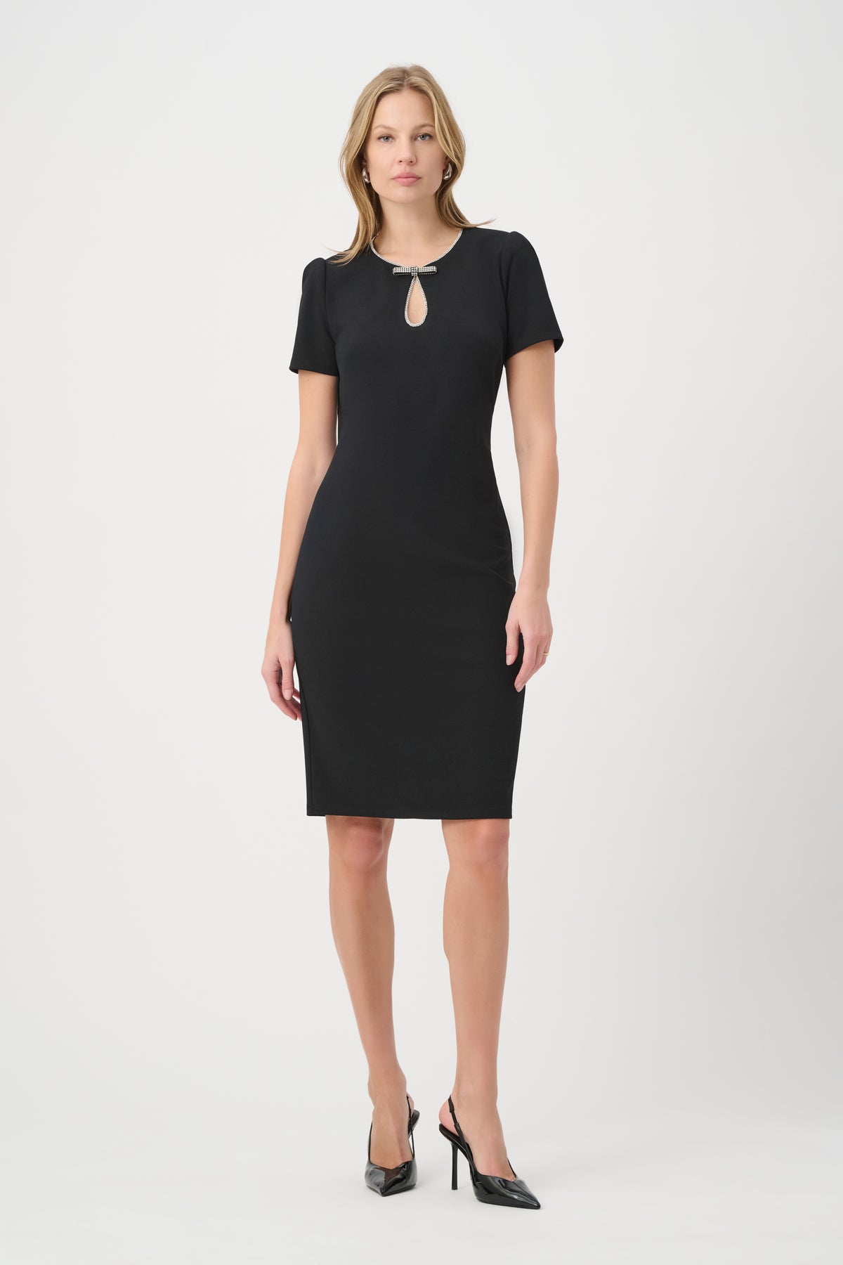 264162 11 joseph ribkoff black dress with diamante neck bow detail