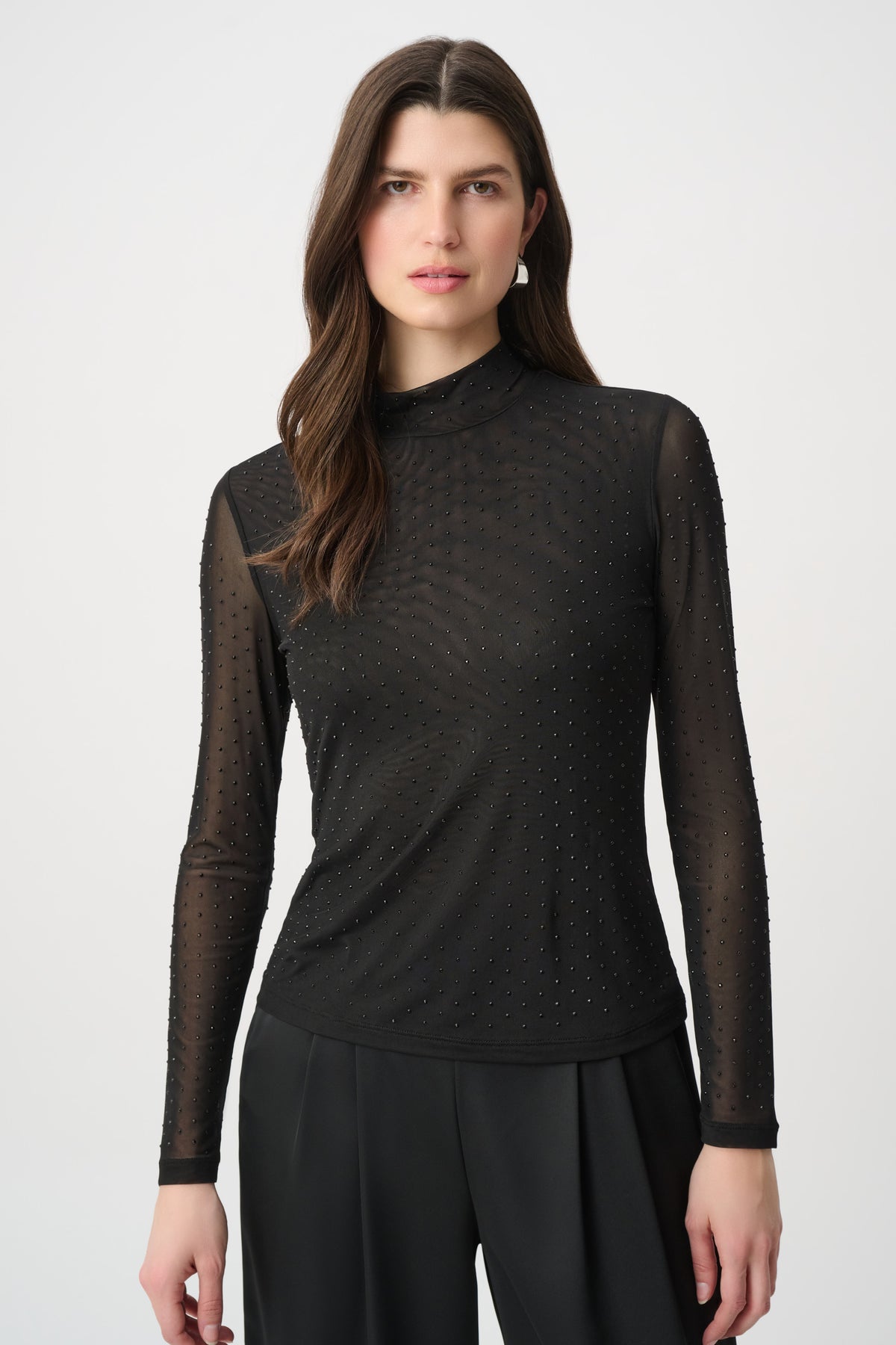 JOSEPH RIBKOFF BLACK TOP 264916 11 joseph ribkoff black top with sparkle detail and mesh sleeves