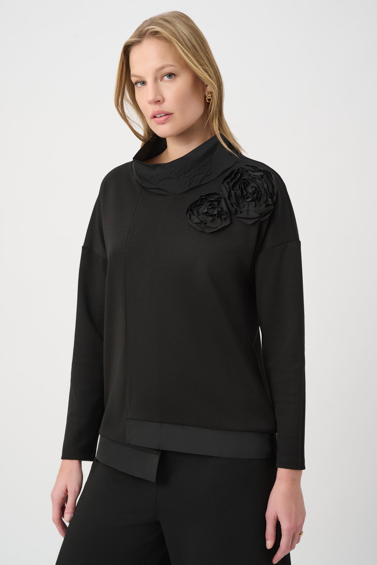 264120 11  joseph ribkoff black tunic with embellished rose fabric detail
