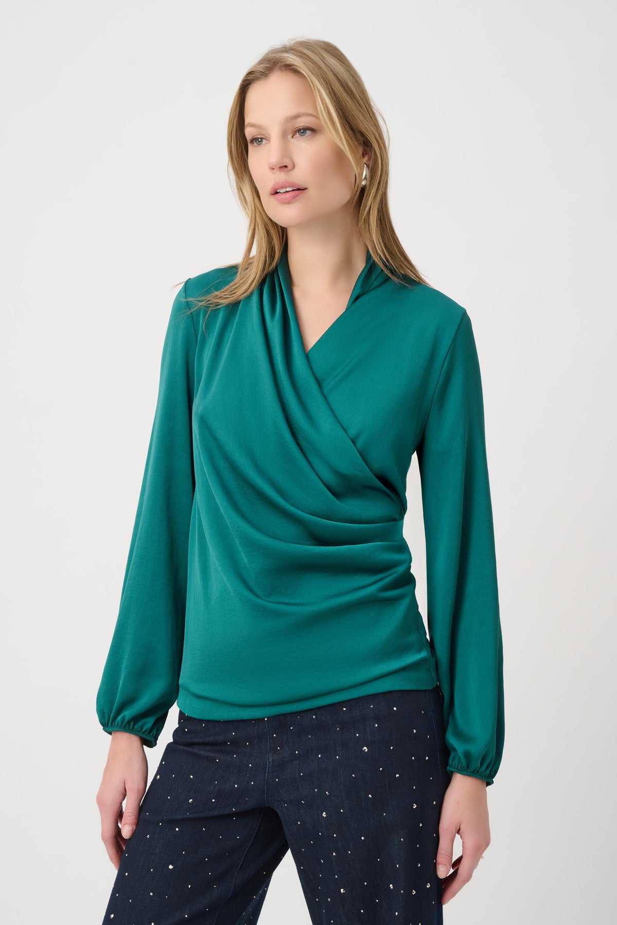 264026 4549 joseph ribkoff green wrap top with cuff sleeves