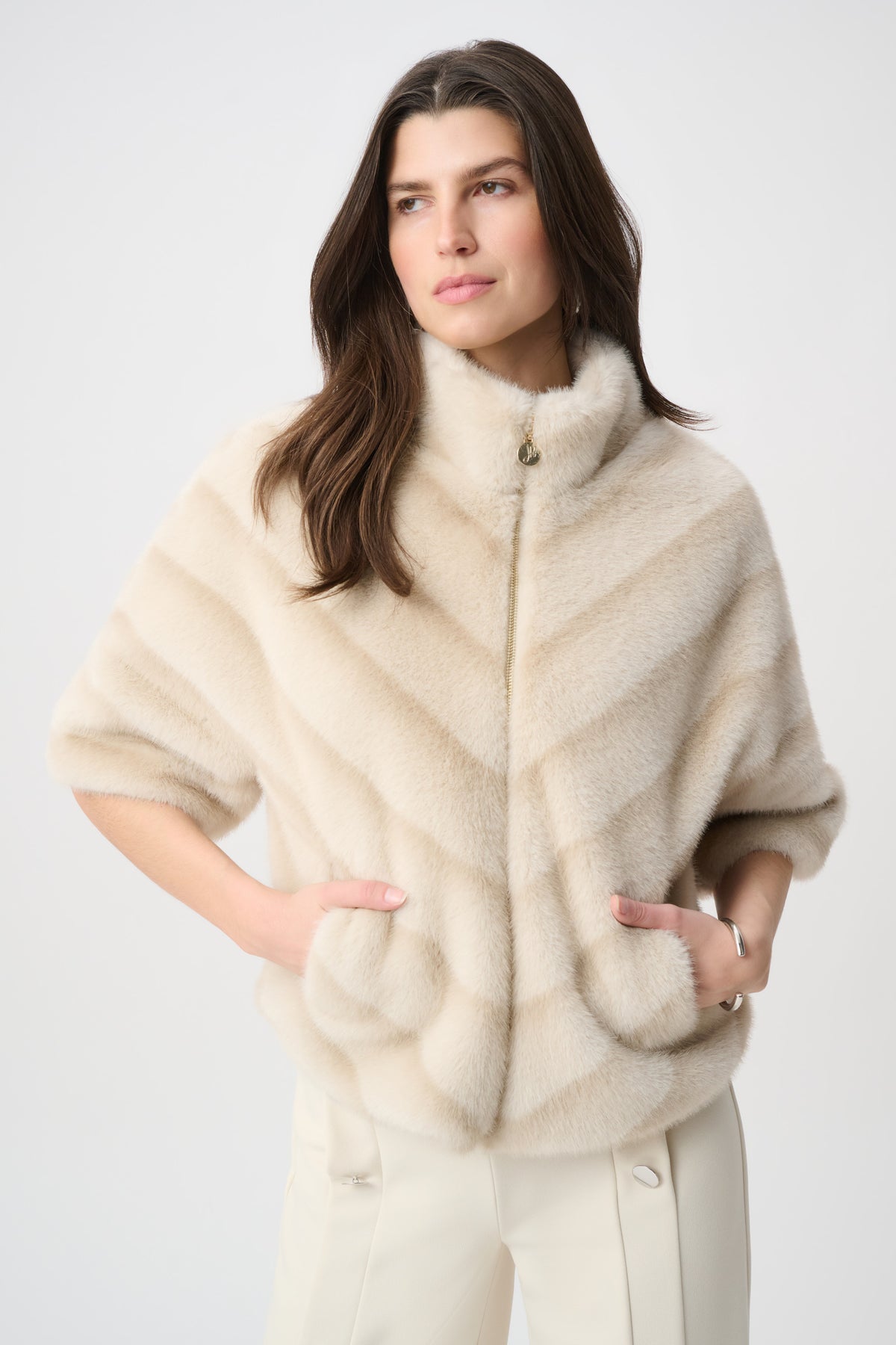 264946 4597 joseph ribkoff beige and cream fur jacket with short sleeves and high neck