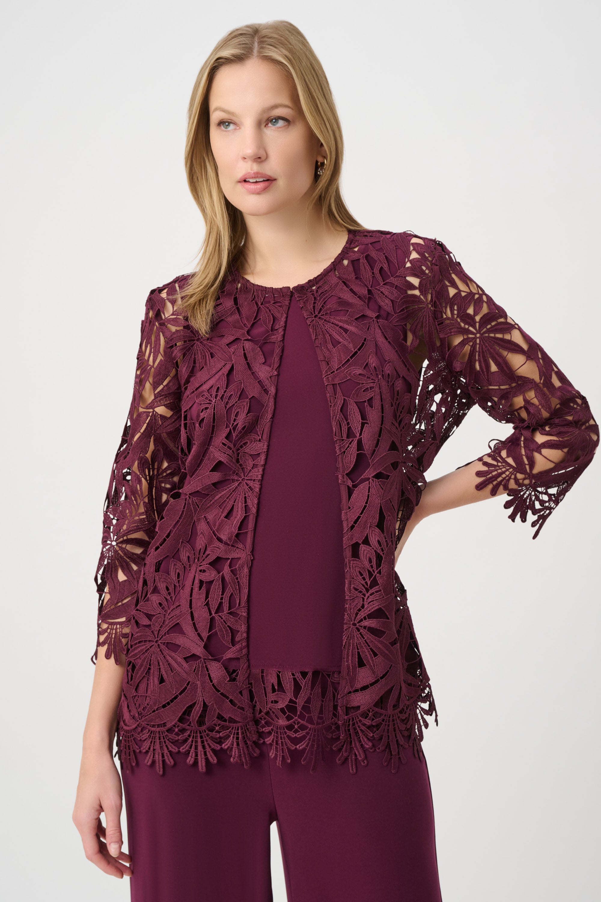 262096W26 4539 joseph ribkoff wine cover up lace going out top