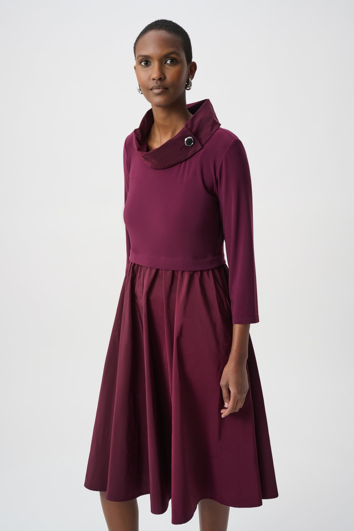 264184 4539 joseph ribkoff wine dress with shawl neck brooch detail going out