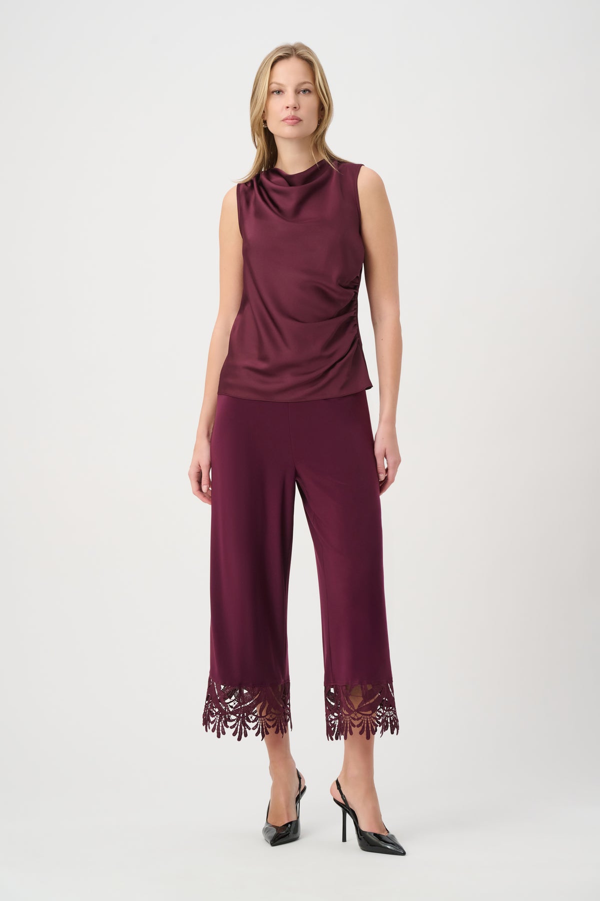 262095W26 4539 joseph ribkoff wine pants with embroidered lace trim