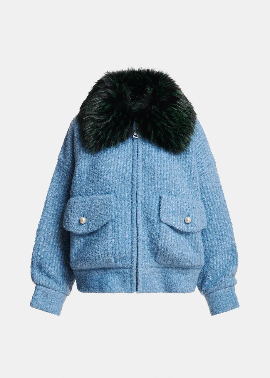 ESSENTIEL ANTWERP BLUE KANADA KNITTED JACKET WITH FAUX FUR 226