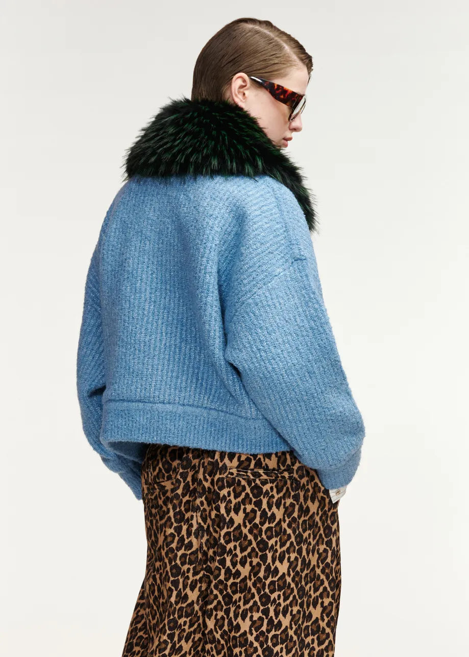 ESSENTIEL ANTWERP BLUE KANADA KNITTED JACKET WITH FAUX FUR 226