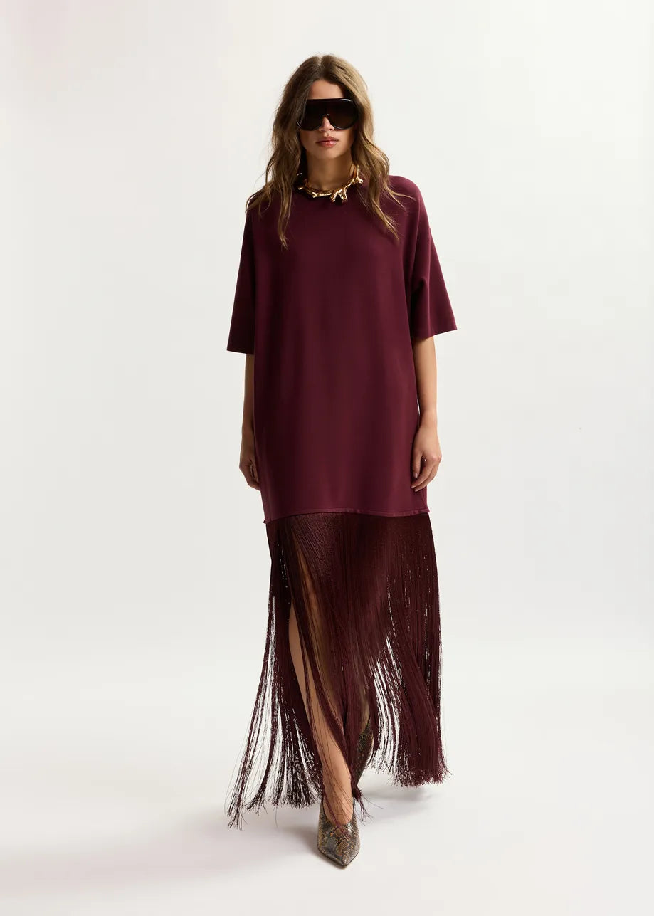 ESSENTIEL ANTWERP KEREMONY WINE FRINGE DRESS DW07 226
