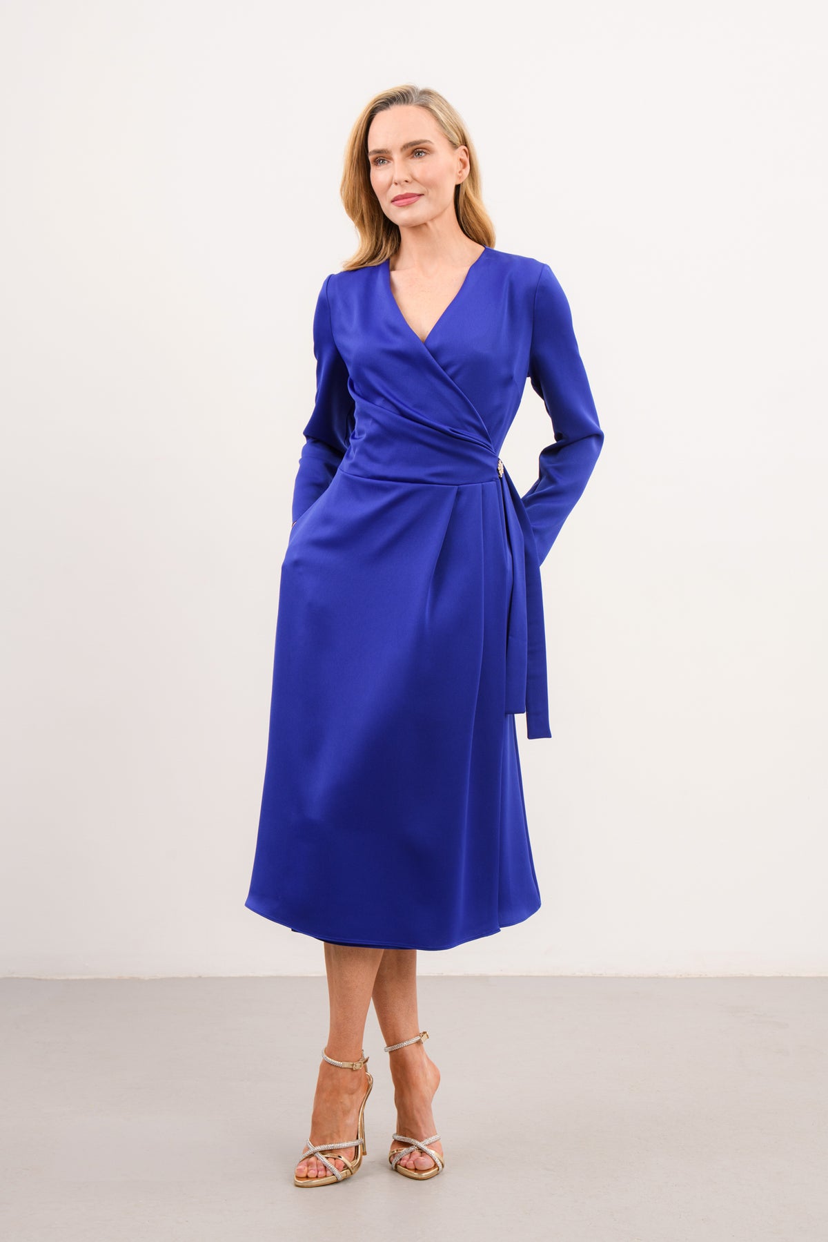 CAROLINE KILKENNY KAMILLA BLUE SATIN WRAP DRESS 226