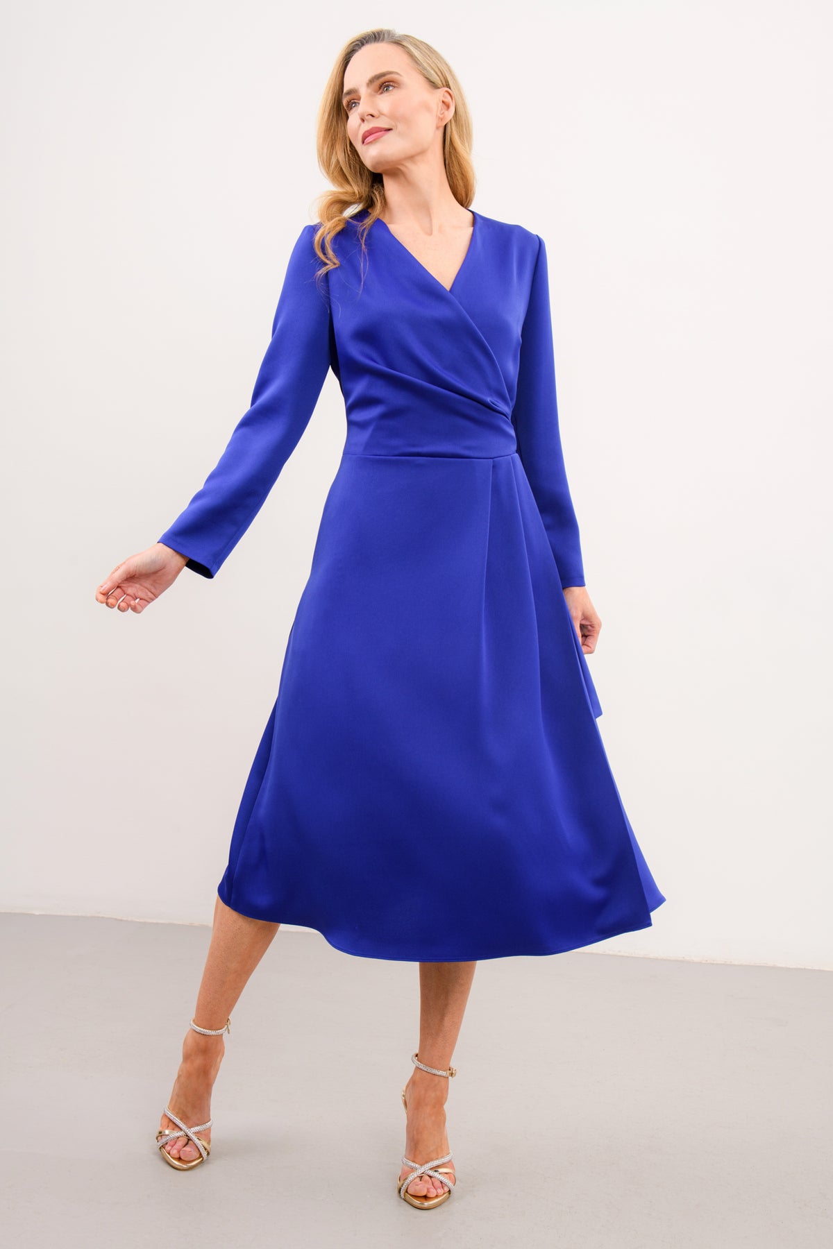 CAROLINE KILKENNY KAMILLA BLUE SATIN WRAP DRESS 226