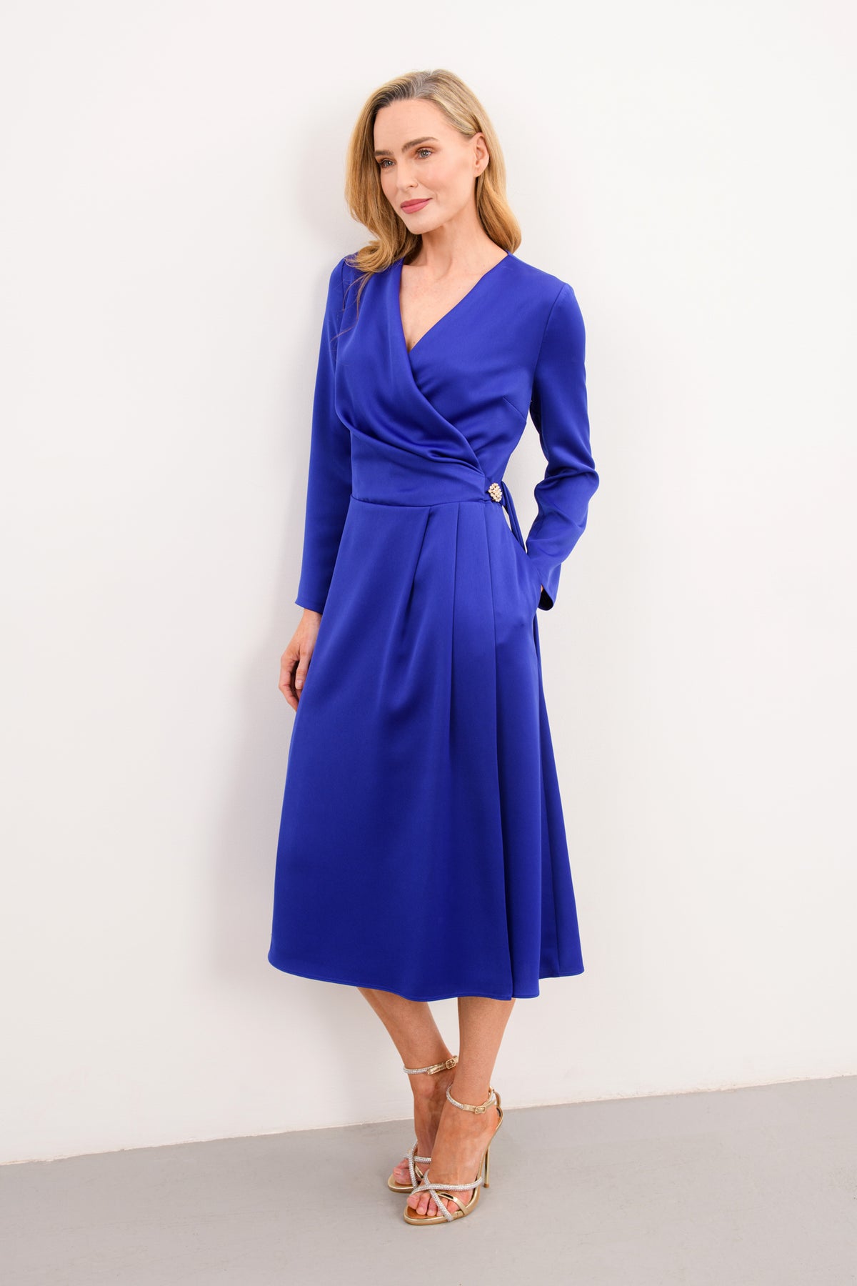 CAROLINE KILKENNY KAMILLA BLUE SATIN WRAP DRESS 226