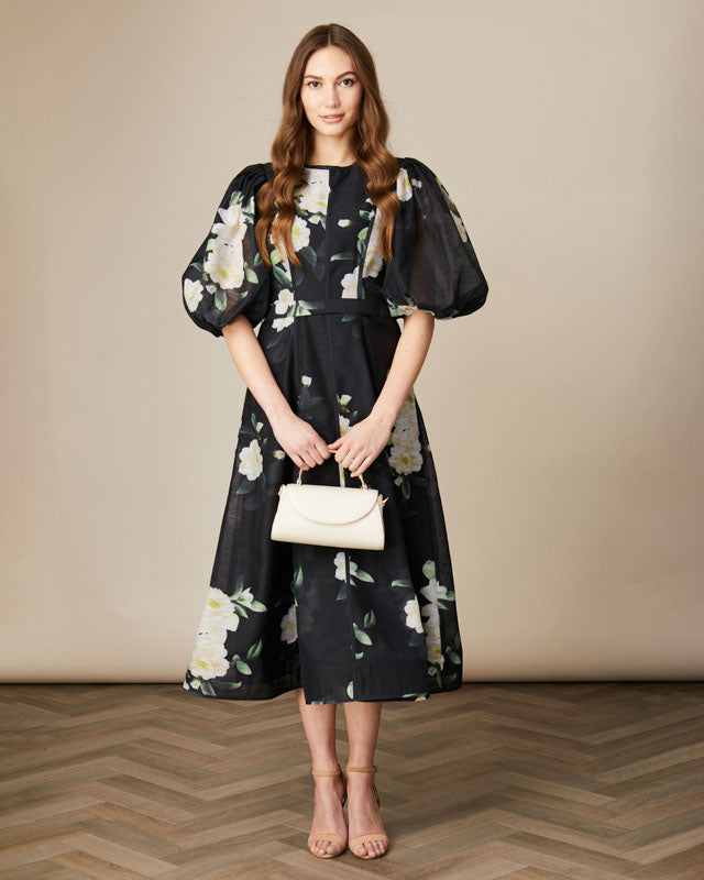 FEE G  KATE - PLEAT SLEEVE PRINTED DRESS 853B/107  BLACK MULTI 225
