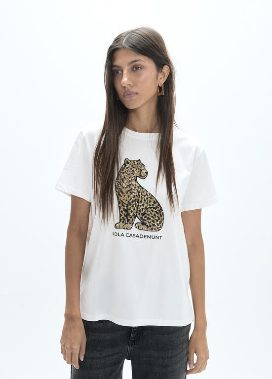 LF2615043 lola casademunt cream t-shirt with sparkly animal logo on the front