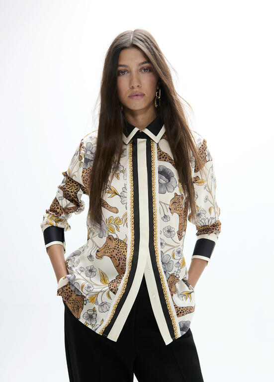 lf2615007 lola casademunt cream tiger print blouse with border cuffs and collar