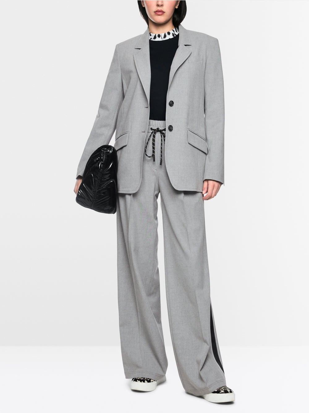 marc cain grey wide leg trousers with black side stripe and drawstring waist