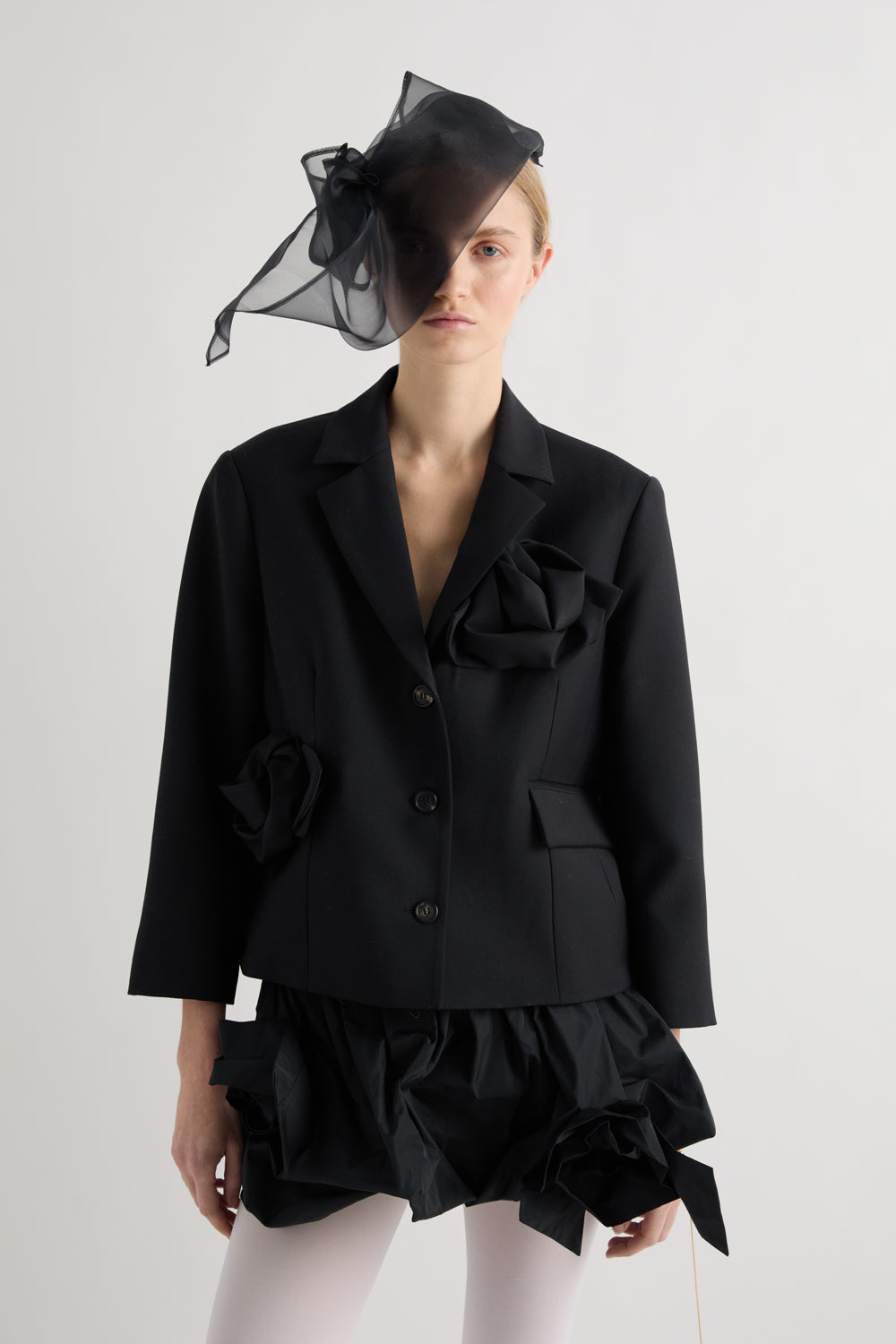 meimeij short black jacket with floral motif panel detail