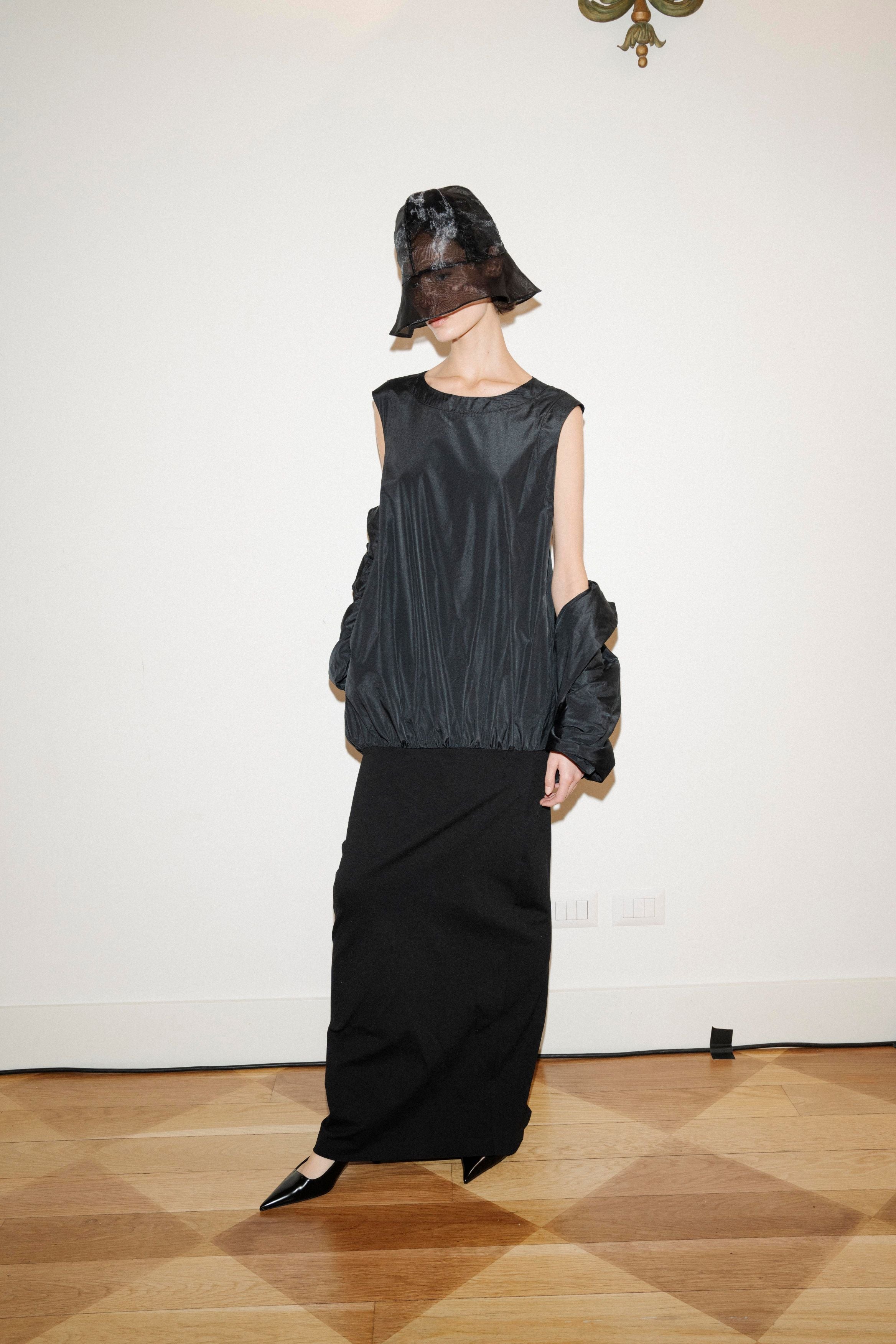 MEIMEIJ BLACK LONG TAFFETA STRAIGHT DRESS M5FA14 SHOP MACBEES 