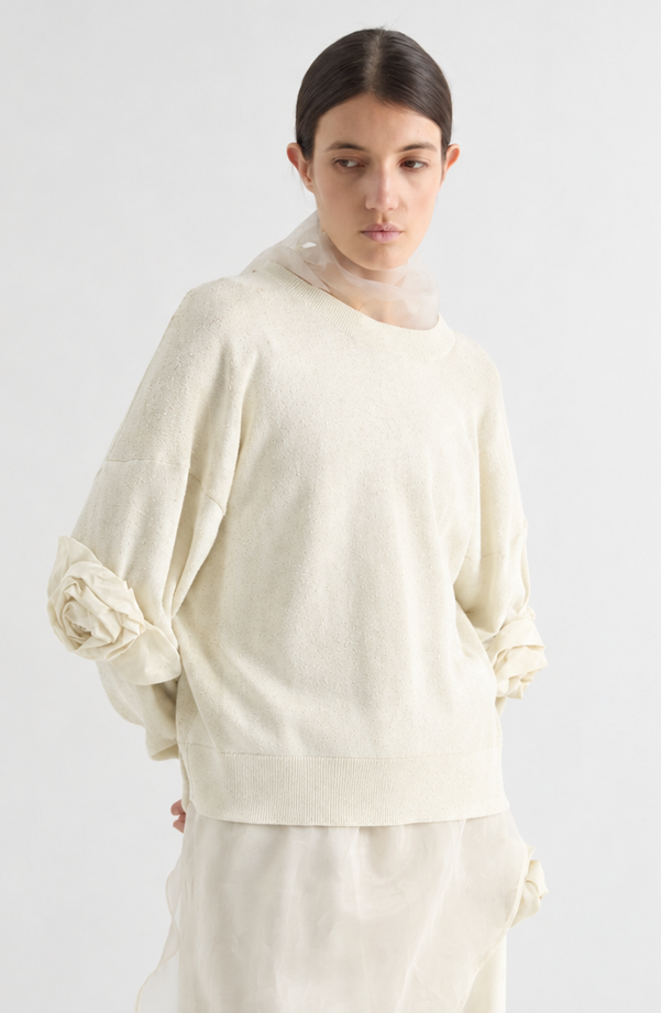 meimeij cream knitted sweater with rose on sleeves