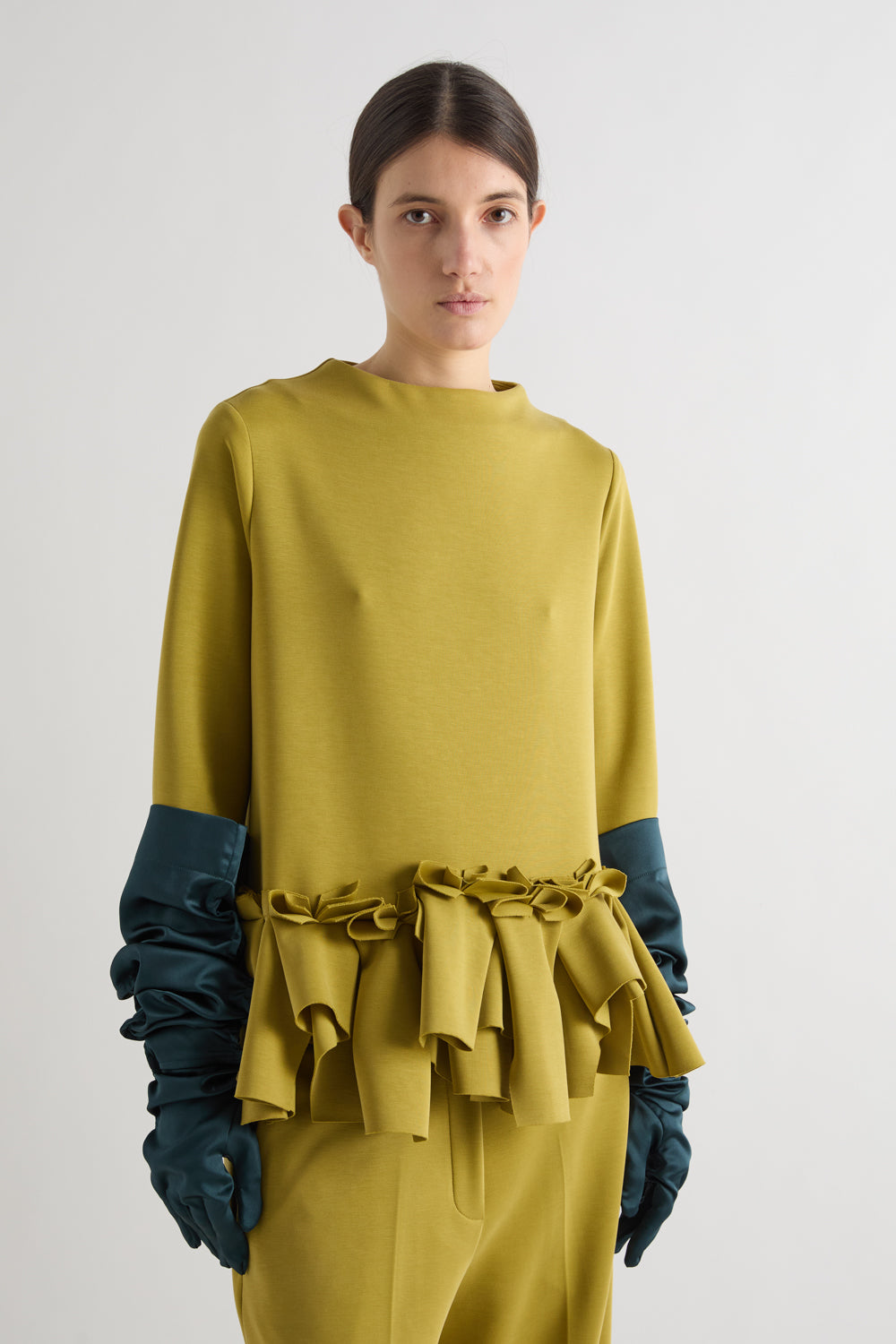 meimeij olive green blouse top with frilled ruched edging