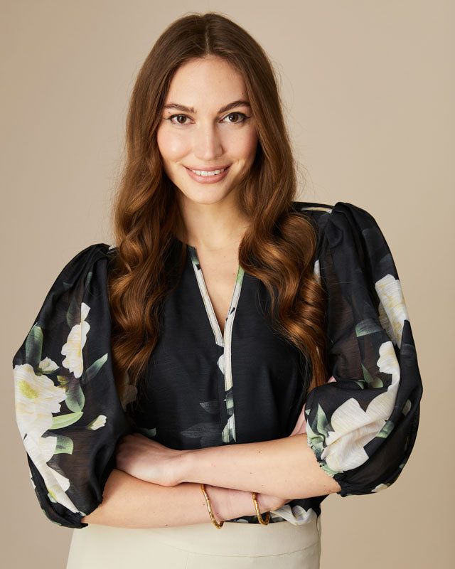 FEE G  MILA - PUFF SLEEVE PRINTED BLOUSE 927B/107  BLACK 225