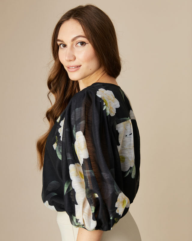 FEE G  MILA - PUFF SLEEVE PRINTED BLOUSE 927B/107  BLACK 225