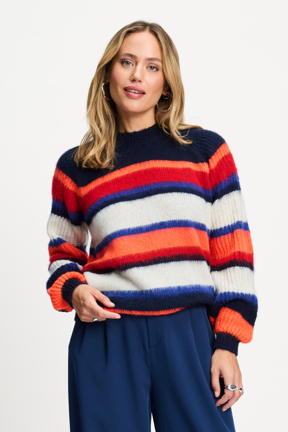 9816 pom navy blue orange white stripe knit