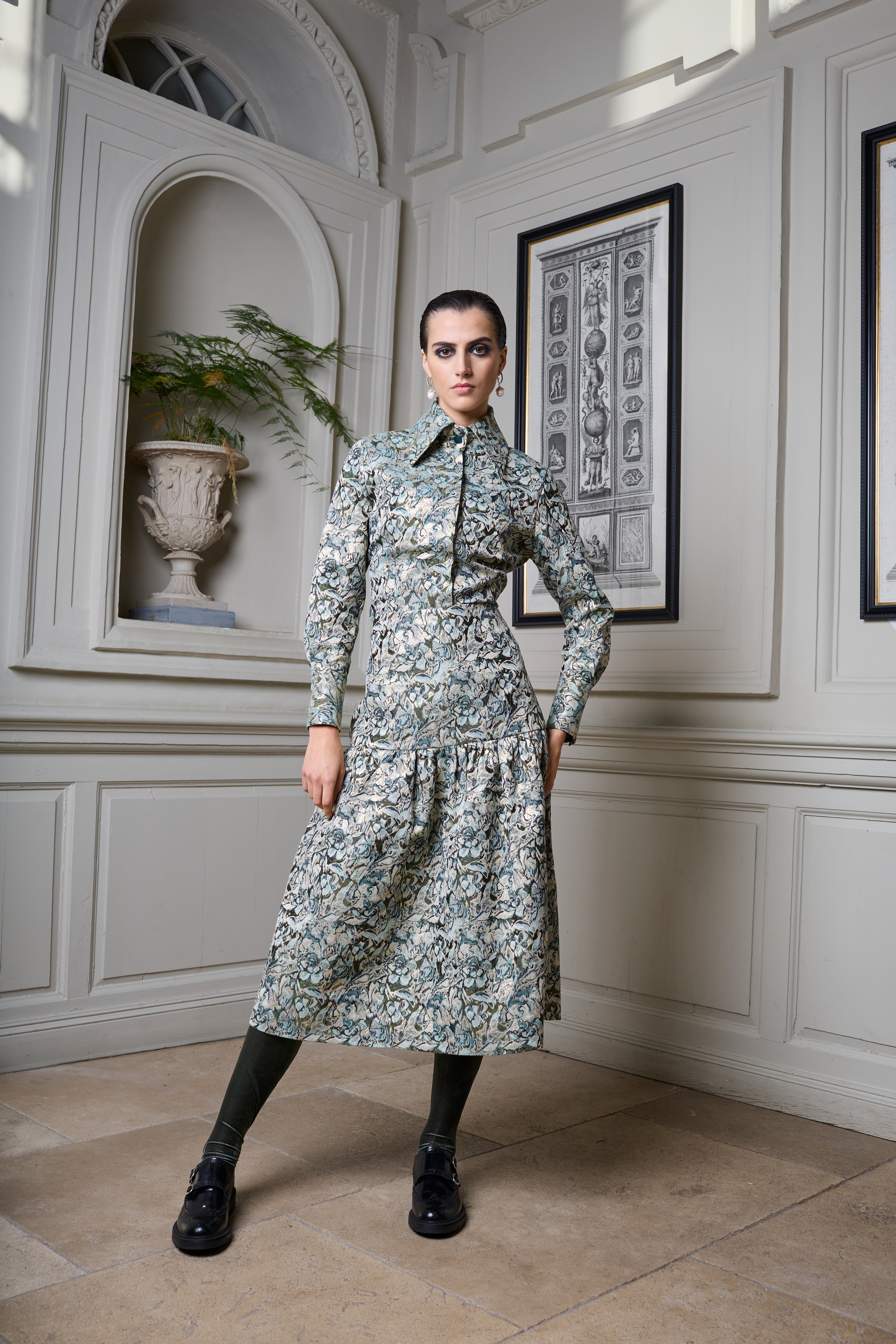 AOIFE LIFESTYLE - GATHERED SKIRT FLORAL METALLIC -GSF 126