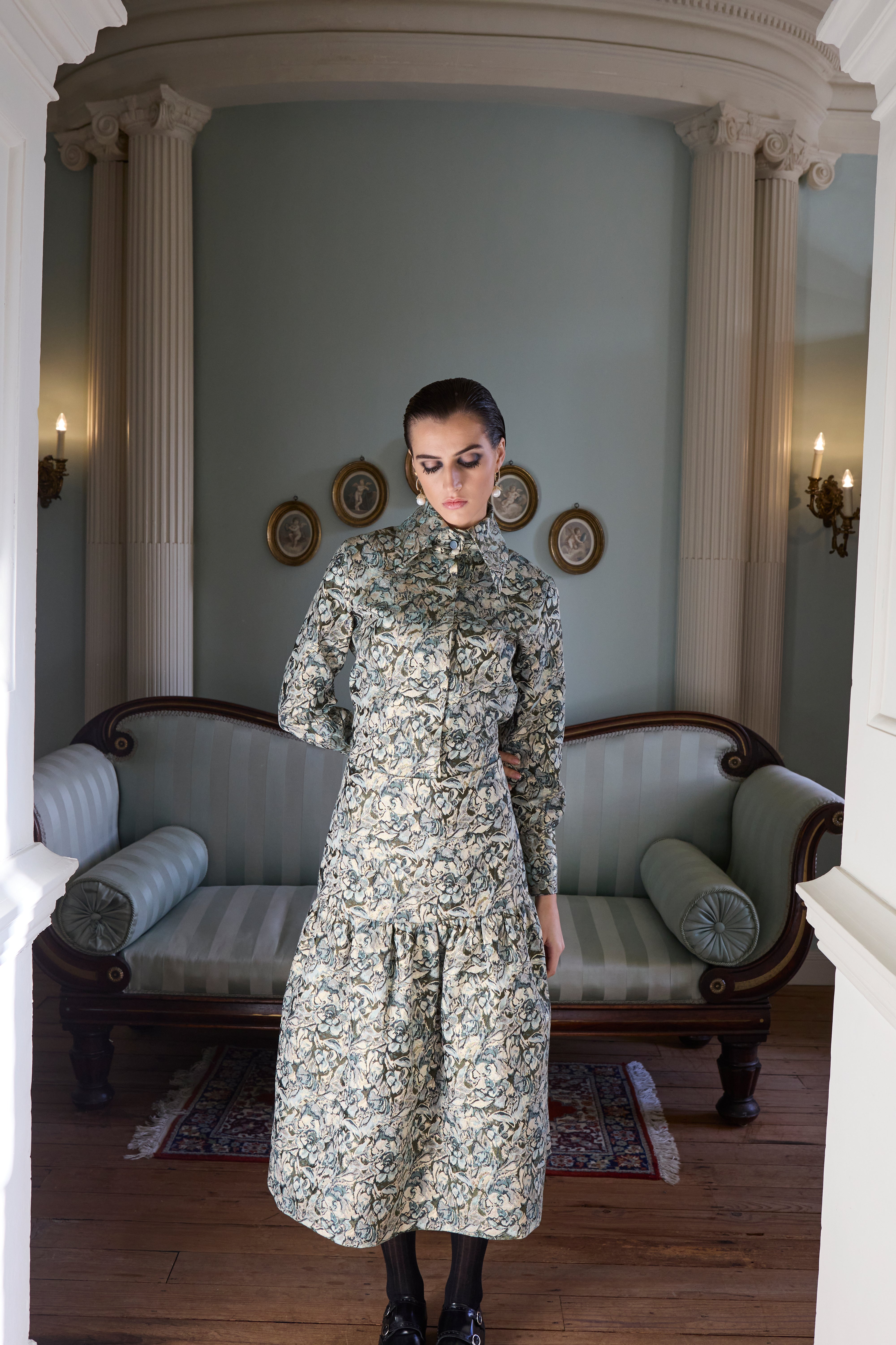 AOIFE LIFESTYLE - GATHERED SKIRT FLORAL METALLIC -GSF 126