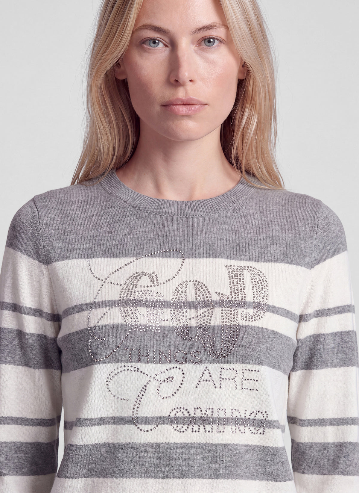 57-121620 rabe grey and white stripe 'good things are coming' knit