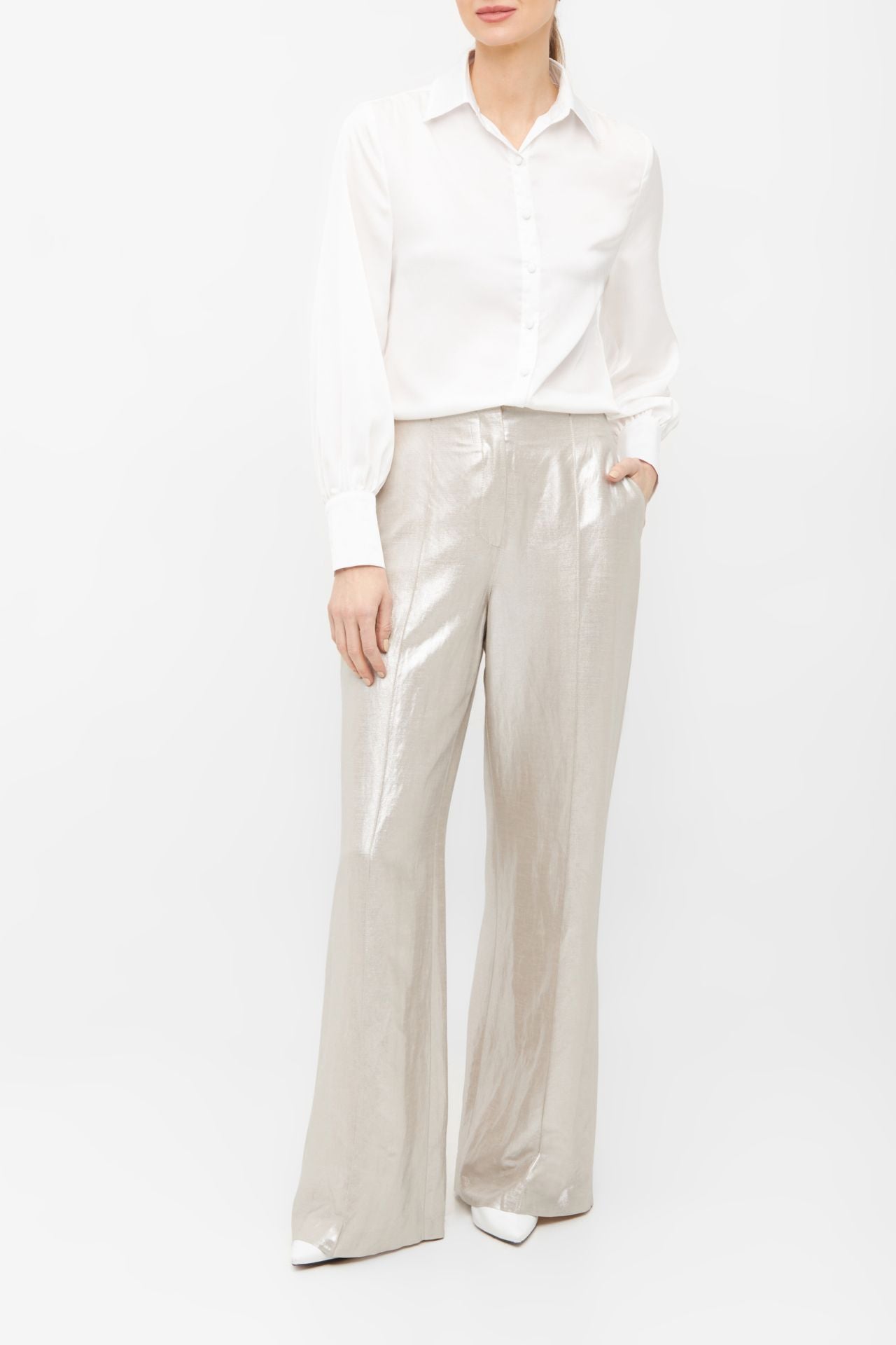 RAFFAELLO ROSSI AGATHA SILVER LUREX WIDE LEG TROUSERS 27491 6364 125