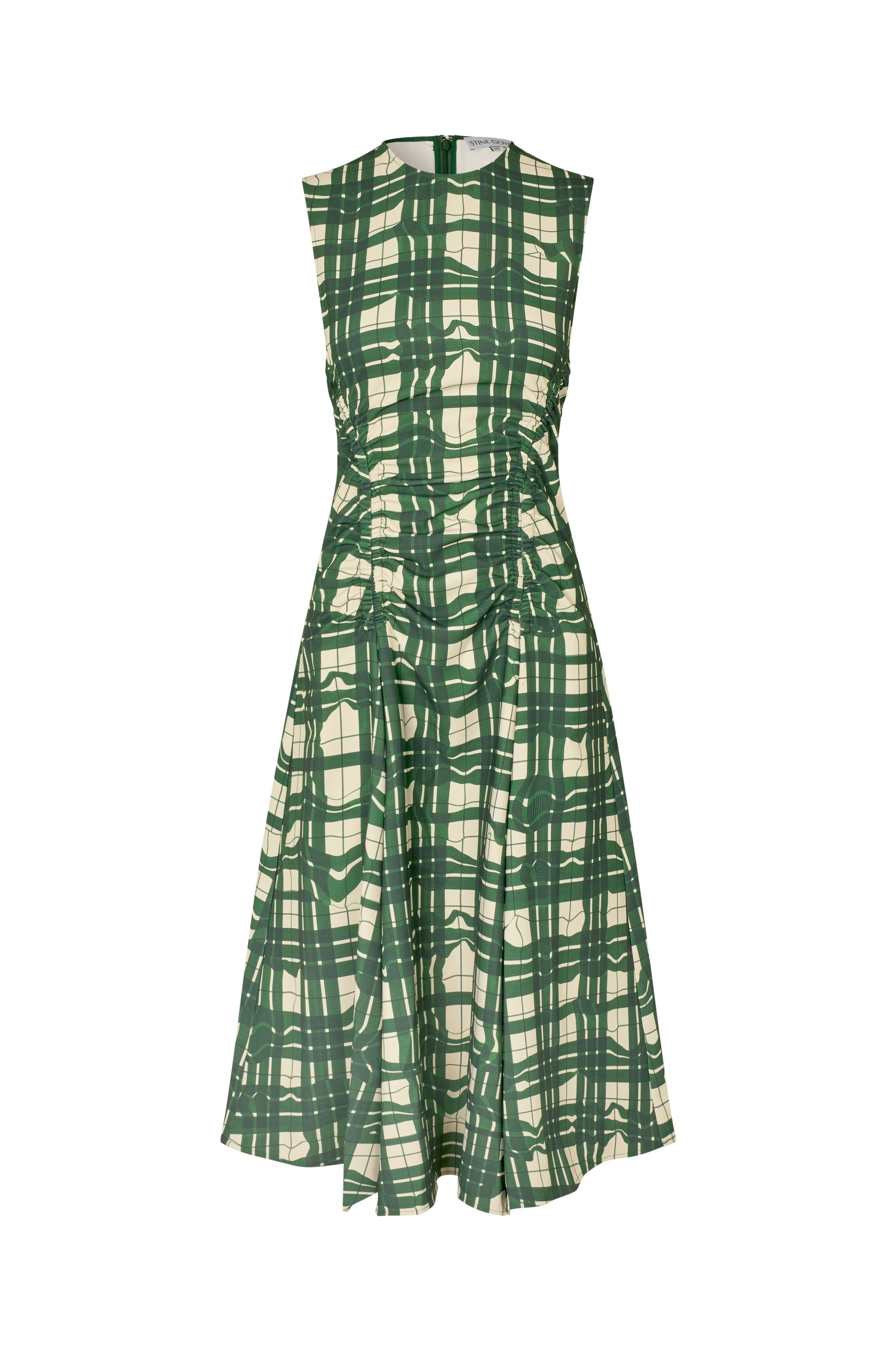 STINE GOYA CHECKERED CADY SLEEVELESS GATHERED MIDI DRESS 2429225