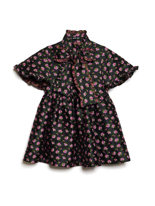 Floral dress with a high collar on a white background
