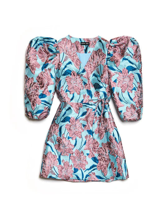Floral dress with pink and blue flowers on a white background