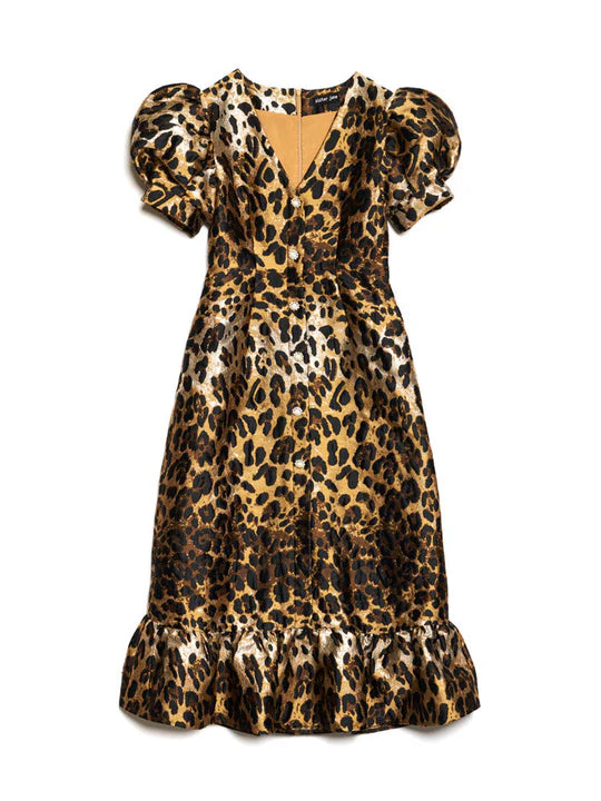 Leopard print dress with puff sleeves on a white background