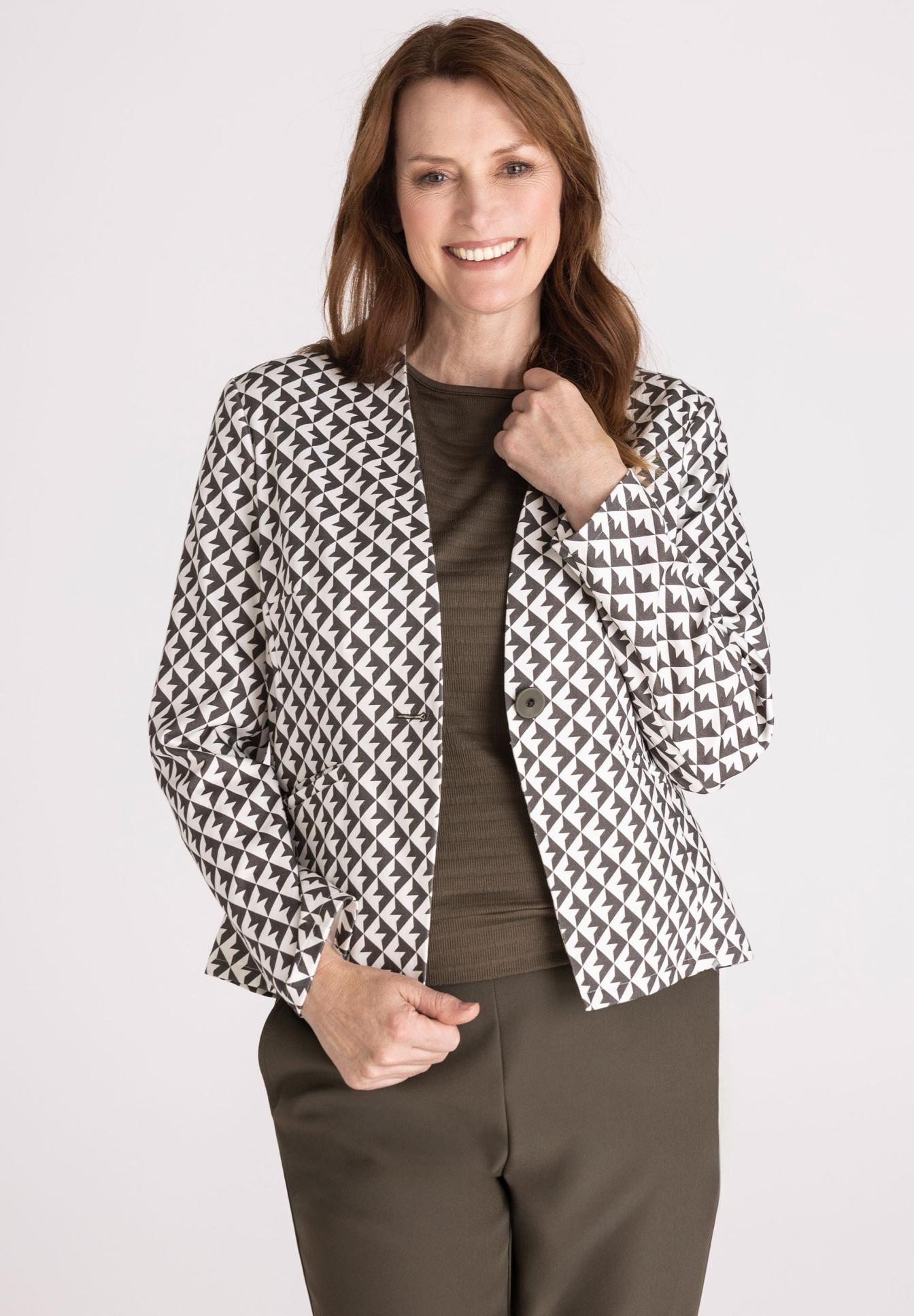 FRANK WALDER Khaki Check Collarless Jkt 716329 126
