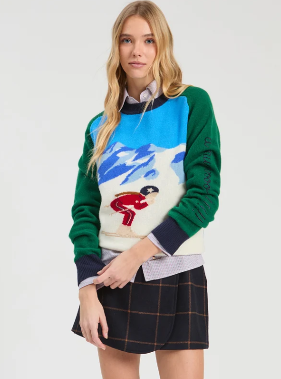 34119 vilagallo blue knit sweater with green sleeves