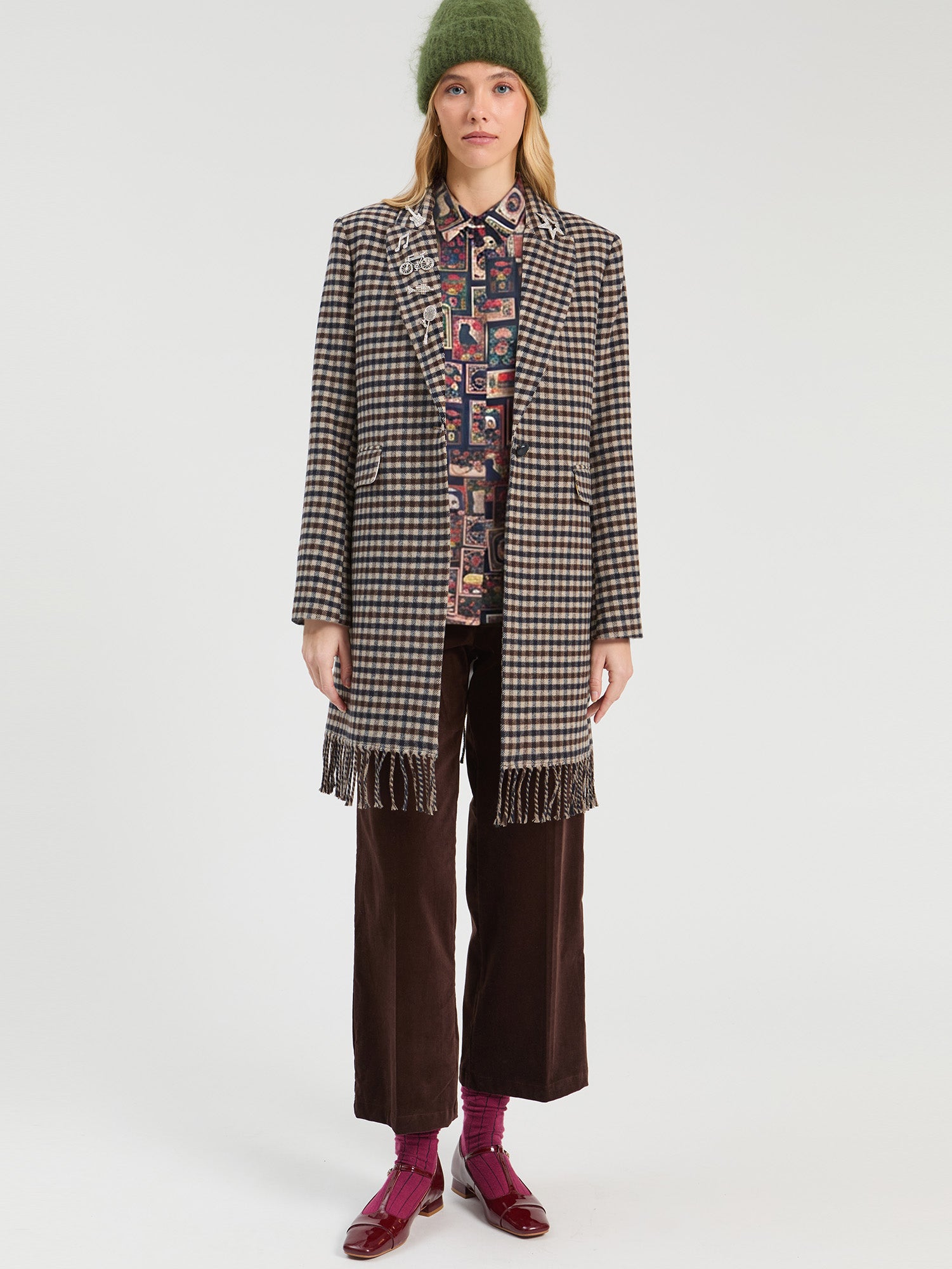 vilagallo checked coat with fringes 33929 