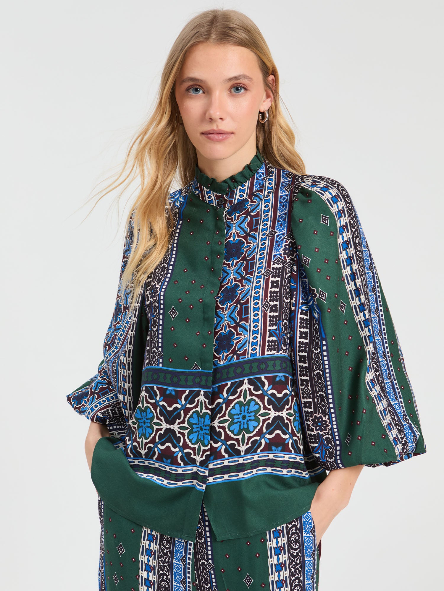 vilagallo green high neck blouse going out 34169