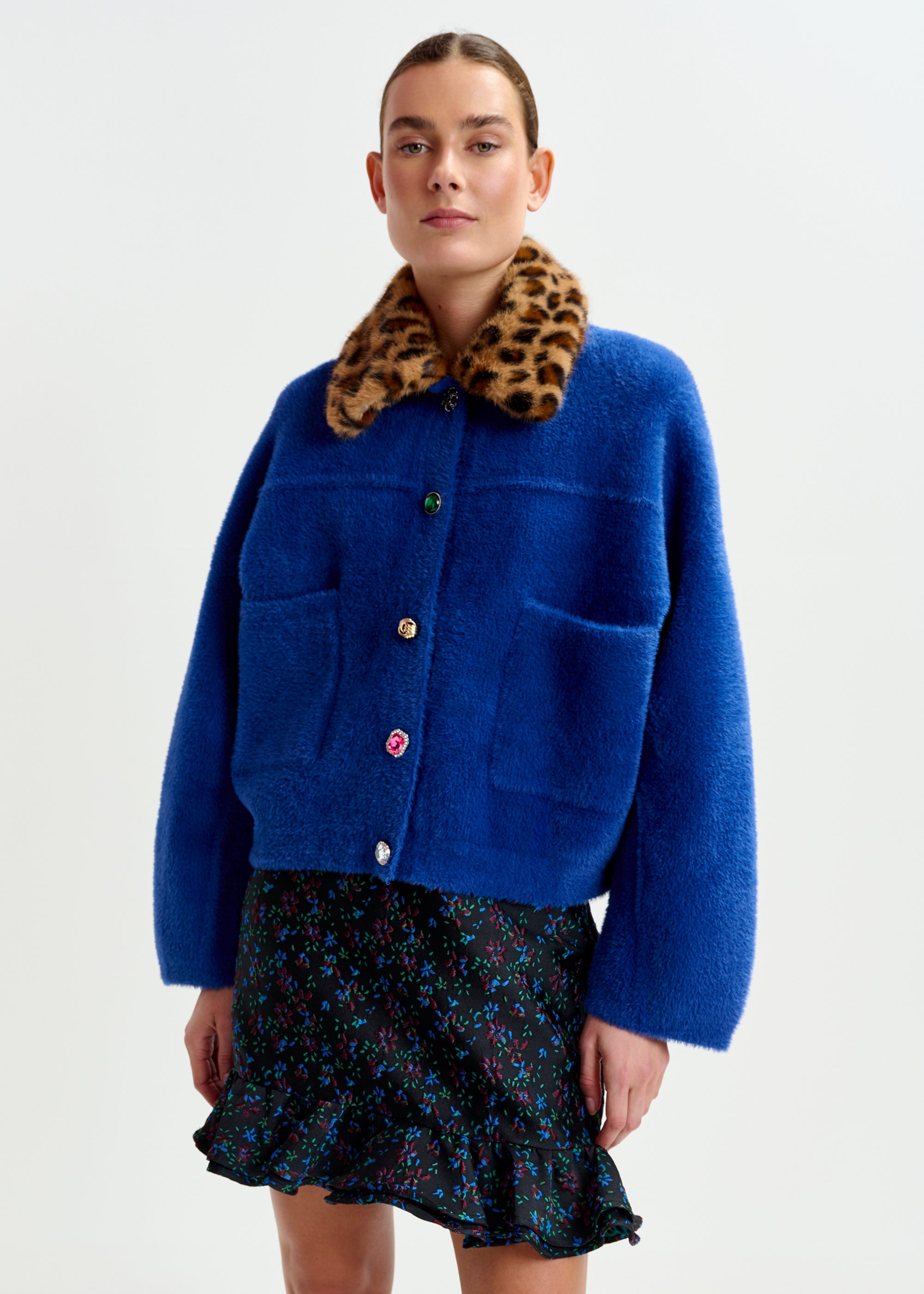 ESSENTIEL ANTWERP INTENTION LEOPARD FUR COLLAR CARDIGAN 225