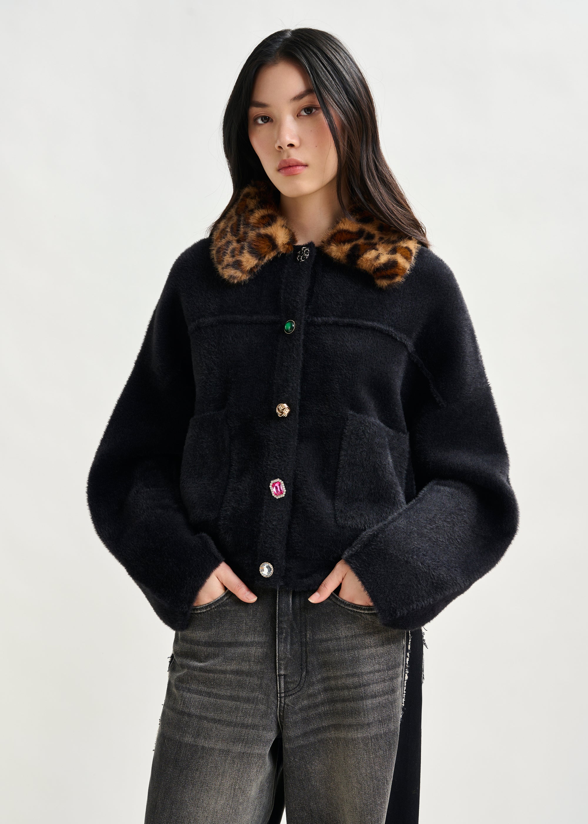 ESSENTIEL ANTWERP INTENTION LEOPARD FUR COLLAR CARDIGAN 225