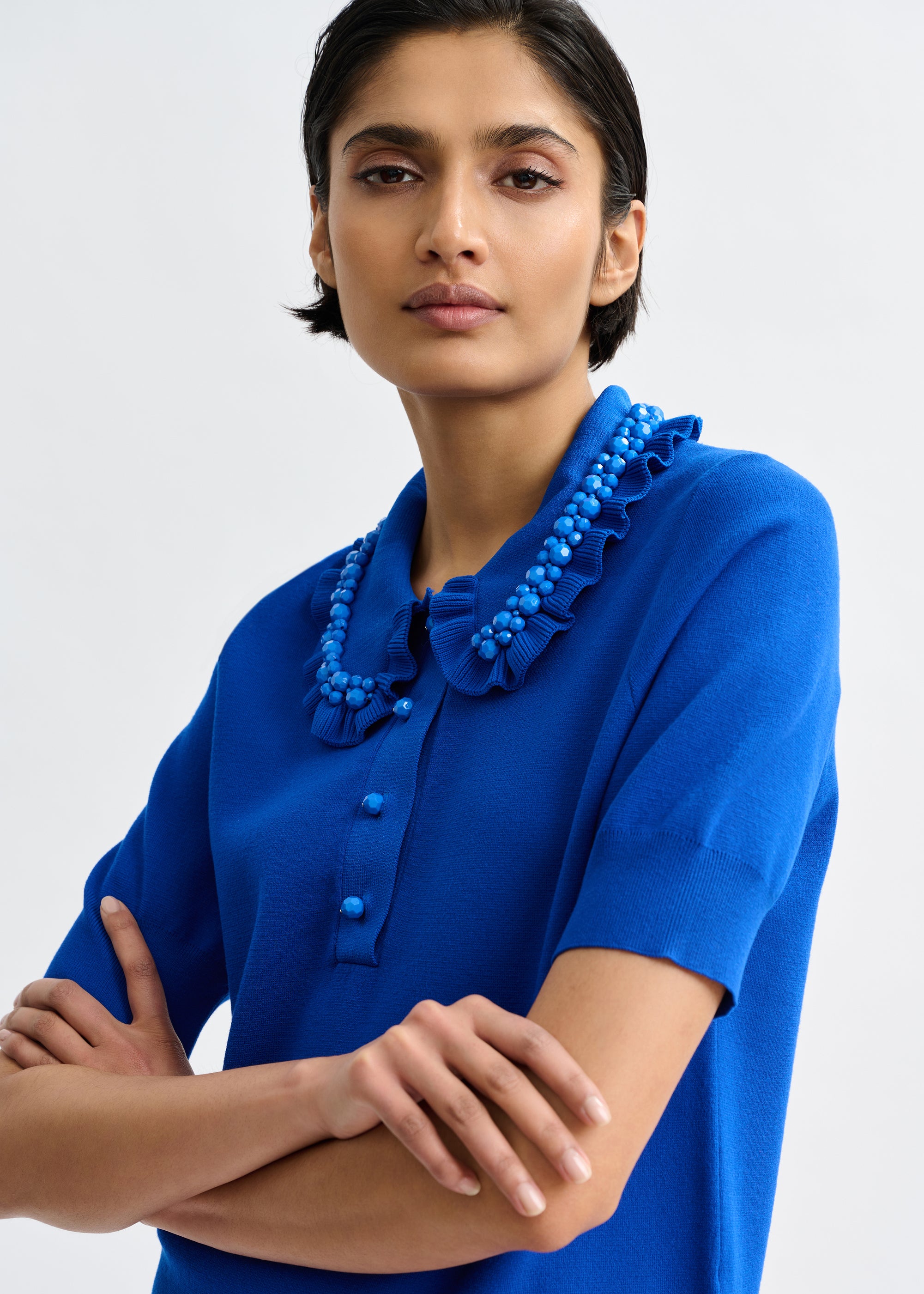 ESSENTIEL ANTWERP JEWELRY EMBROIDERED KNIT POLO BLUE 126