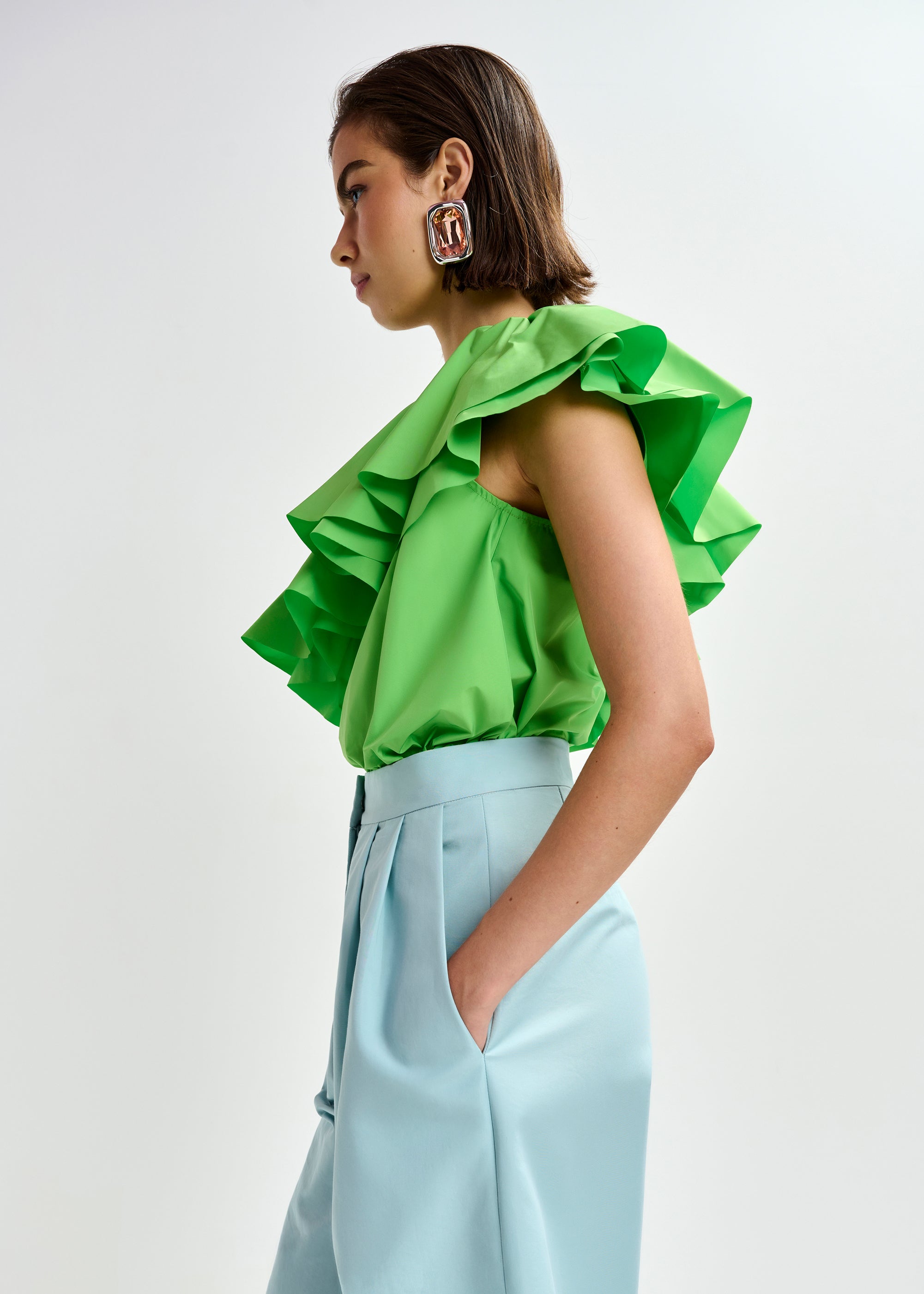 ESSENTIEL ANTWERP JILLIAN ASYMMETRIC RUFFLE TOP GREEN 126