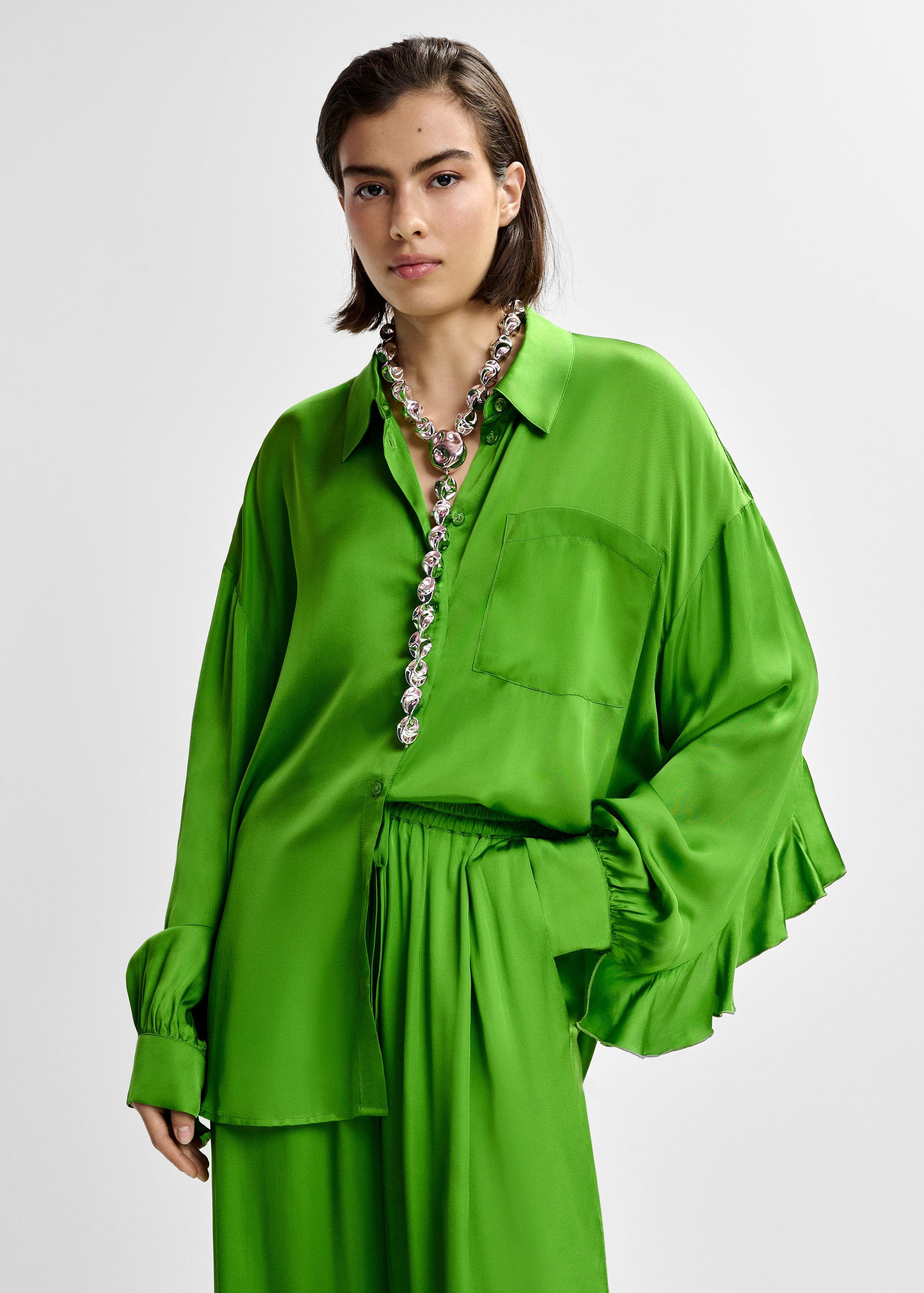 ESSENTIEL ANTWERP JUDITH OVERSIZED RUFFLE SHIRT GREEN 126