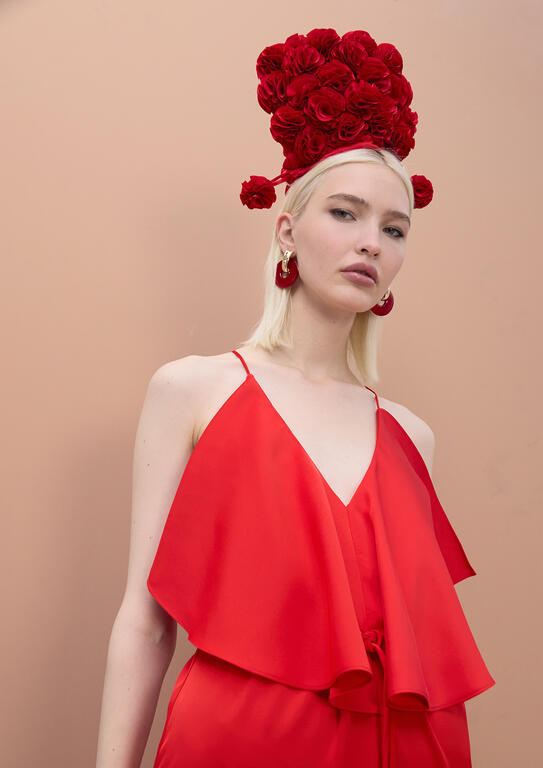 LOLA CASADEMUNT MITE RED RUFFLED V-NECK DRESS MS2616023 126