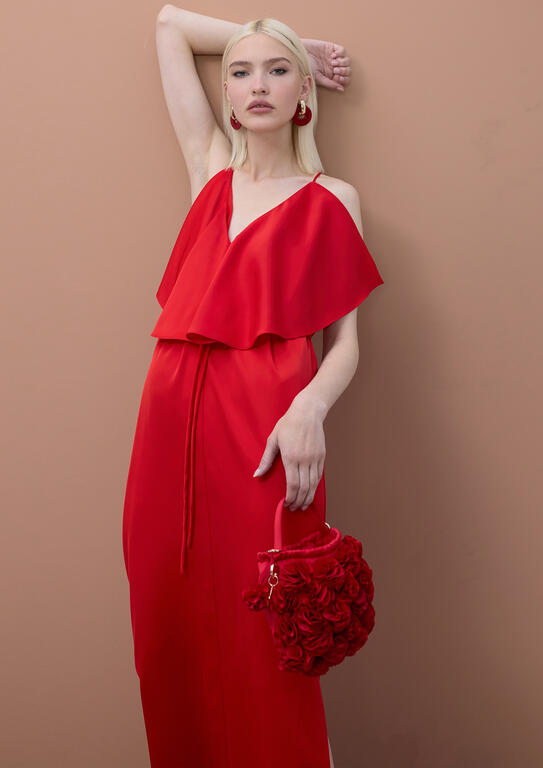 LOLA CASADEMUNT MITE RED RUFFLED V-NECK DRESS MS2616023 126