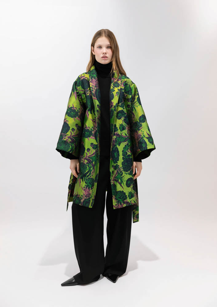 PSOPHIA GREEN TAFFETA BELTED COAT 207LEV2915 226