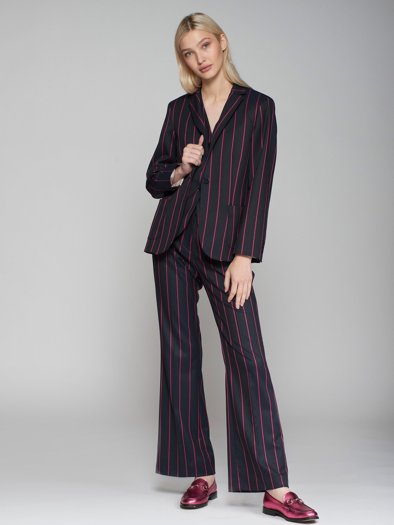 VILAGALLO NAVY PINK STRIPE WIDE LEG TROUSERS 31677 224